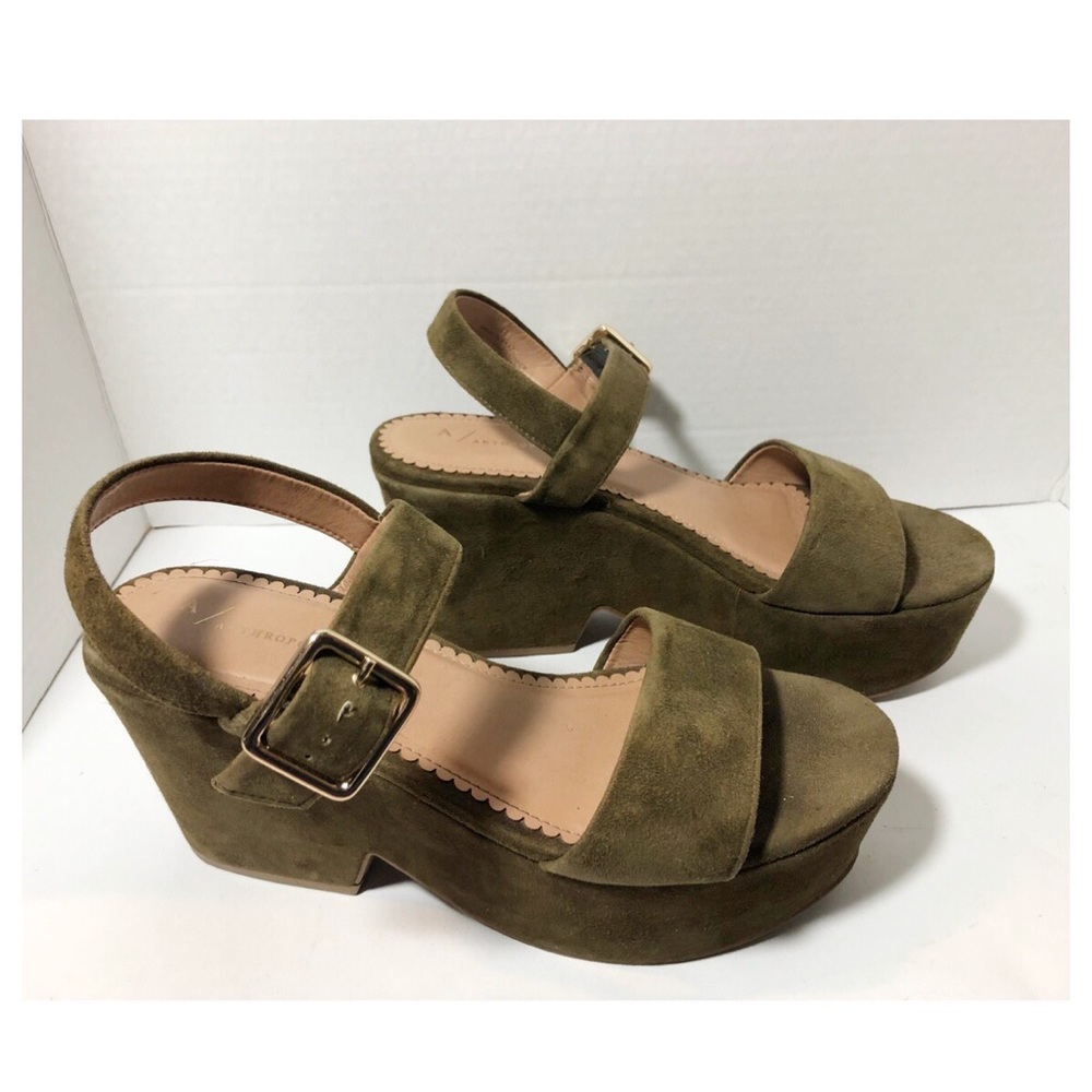 Anthropologie Green Suede Chunky Platform Heels